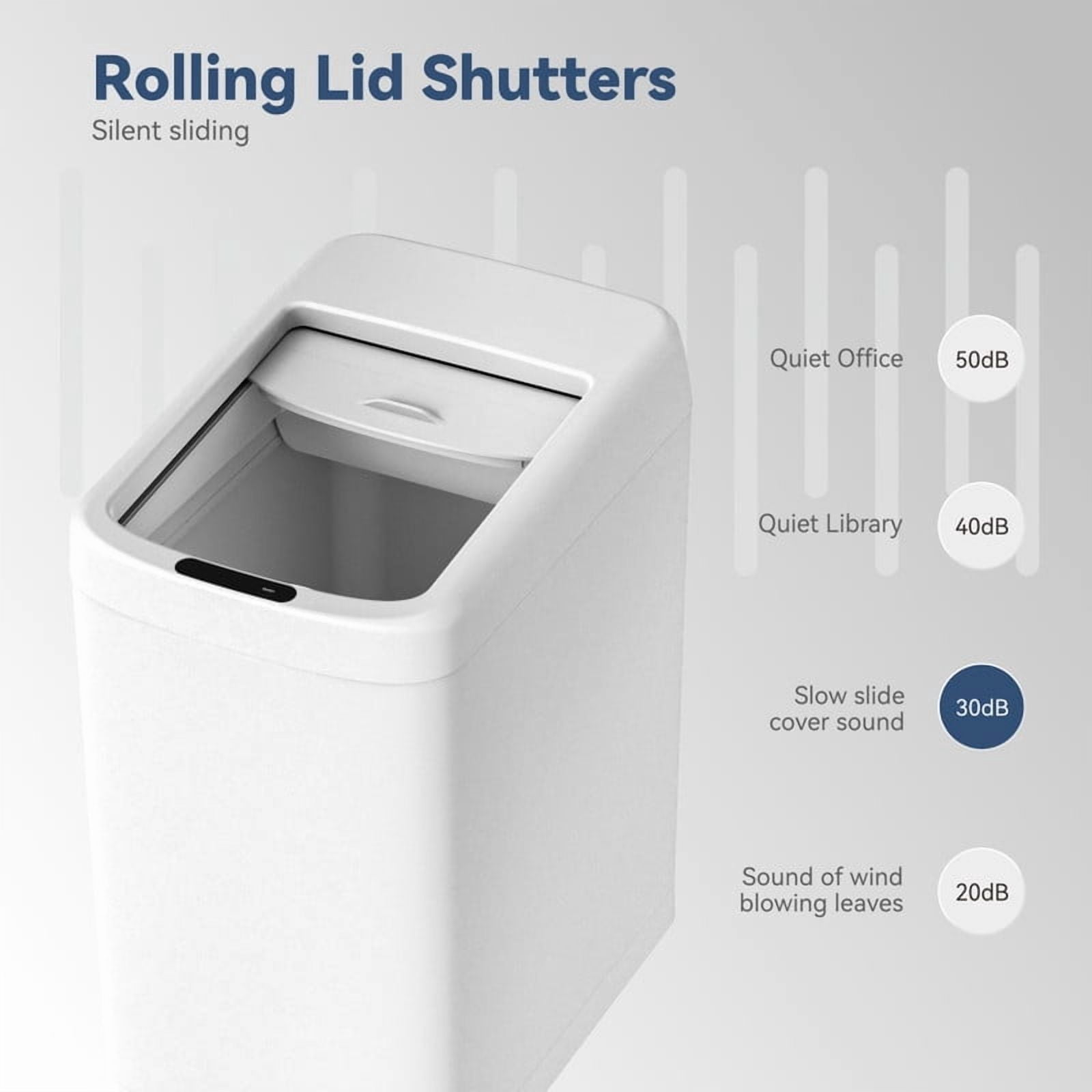AUKTOPT 8 Gallon Motion Sensor Trash Can with Wheels, Stainless Steel Automatic Garbage Bin with Sliding Row Up Lid, Touchless Hands-Free Soft-Close, White