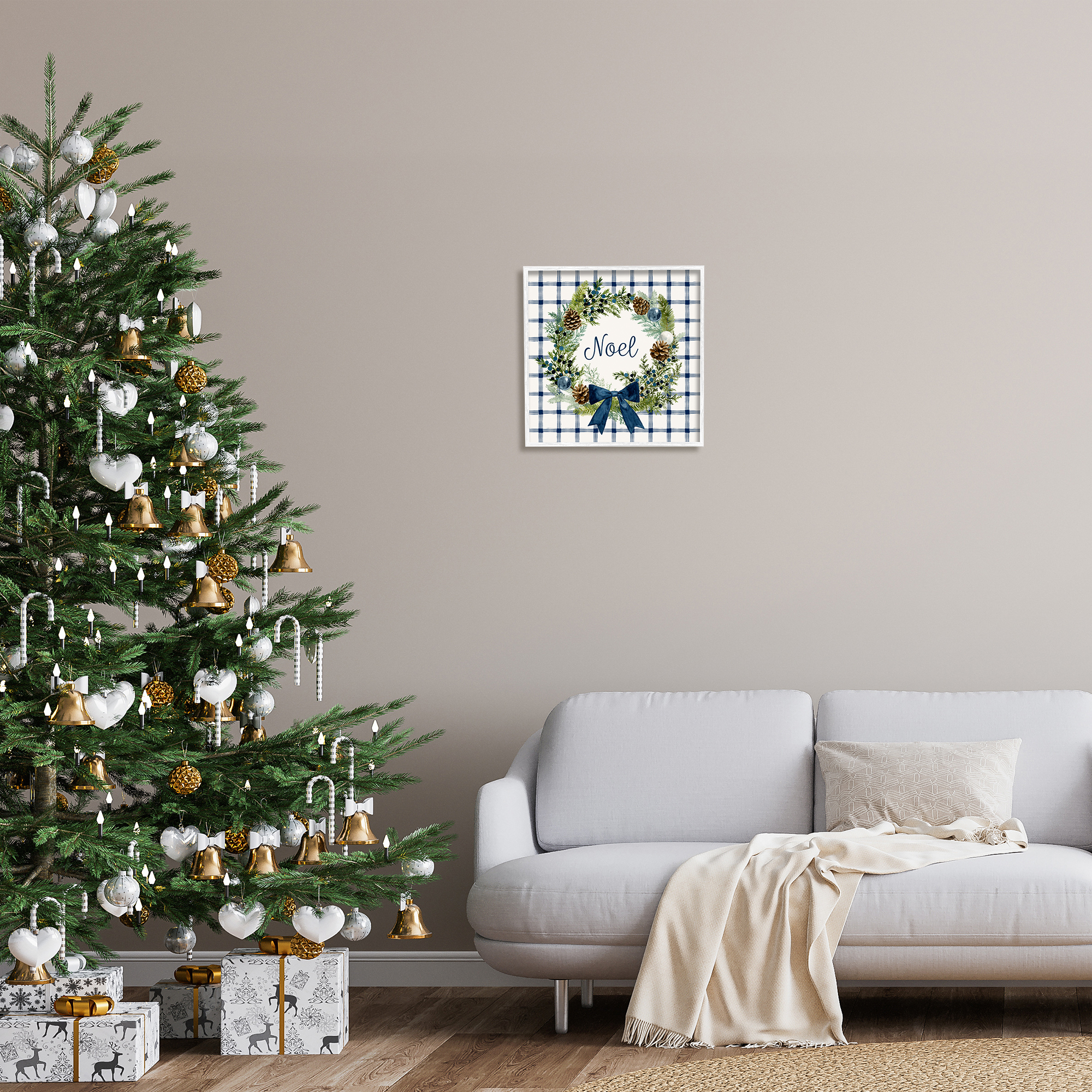 Stupell Industries Winter Noel Sentiment Pinecone Wreath Blue Plaid, 17 x 17,Design by Victoria Barnes