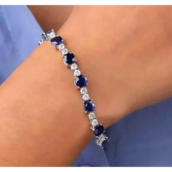 6.79 Ct Cushion-Cut Simulated Blue Sapphire Tennis Bracelet 14K White Gold-Plated Sterling Silver