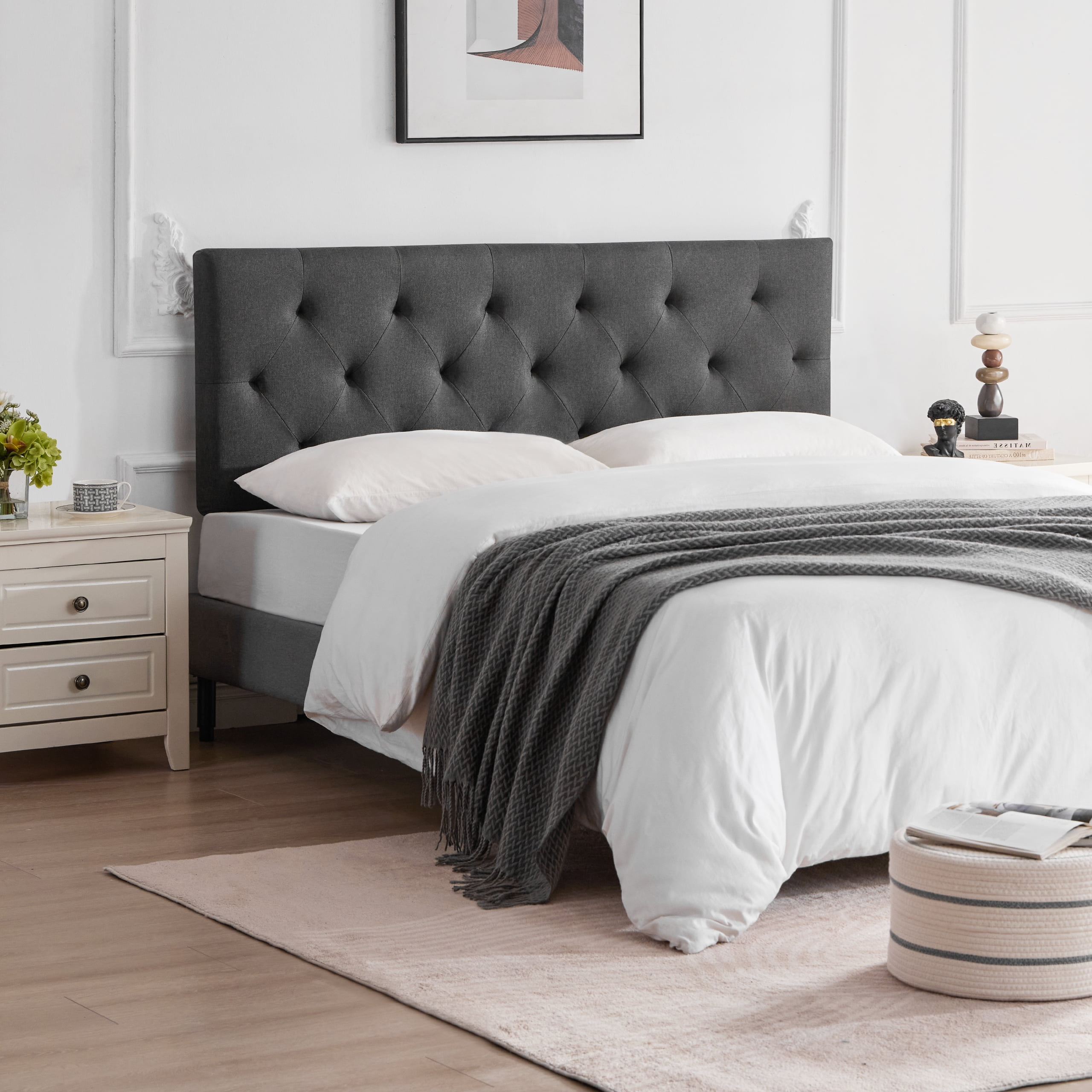 Weture Linen Upholstered King Size Headboard, Modern Panel, Dark Grey