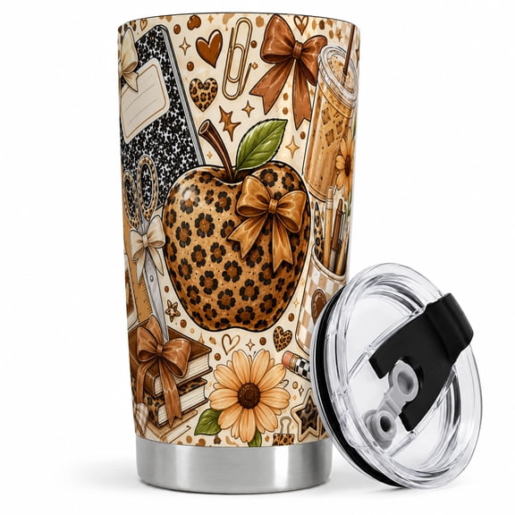 Leopard Teacher Tumbler, 20oz Insulated Drinkware for Educators Stainless steel insulated tumbler with lid, leopard iced coffee, notebook, books, and daisy art for office