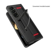 ELEHOLD Full Body Case for Samsung Galaxy Z Fold 5,with Built-in Screen Protector Hinge Protection Hidden Kickstand Non-Slip Wristband Shockproof Leather Case for Samsung Z Fold 5, Black Red