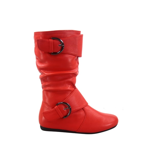 Klein-80k Girls Kid's Causal Round Toe Flat Heel Buckles Zipper Slouchy Mid Calf Boots Shoes