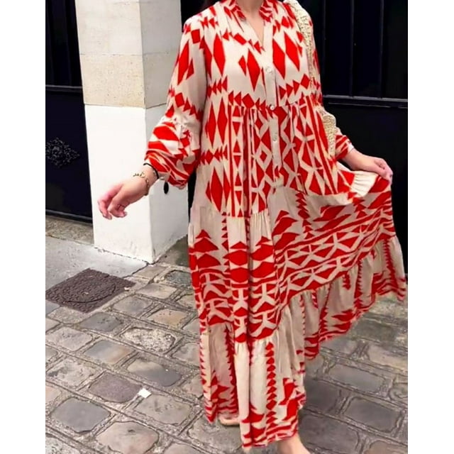 Pisexur Robe à Manches Longues Col en V Robe Décontractée Imprimée Mode Col en V pour Femmes Robe pour Femmes en Liquidation