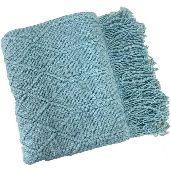 Fennco Styles Irregular Rhombus Diamond Knit Fringe Throw Blanket 50" W x 60" L – Aqua Geometric Woven Blanket for Couch, Bedroom and Living Room Décor