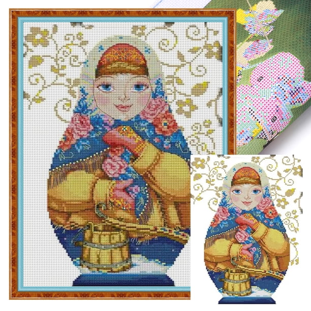 Hilo de bordar algodón 14CT impreso muñeca rusa anidada punto de cruz 26x38cm