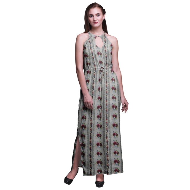 Bimba Robe Longue de Soirée à Imprimé Floral pour Femmes, Col Rond, Fentes Latérales, Grande Taille