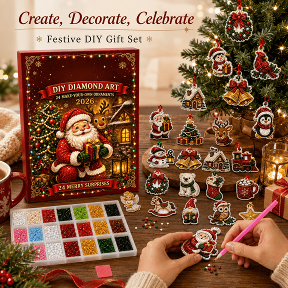 Christmas Diamond Art Ornament Kit, 24Pcs DIY Diamond Painting Christmas Ornaments with Acrylic Charms, Holiday Craft Advent Surprise Gift Set for Adults Beginners