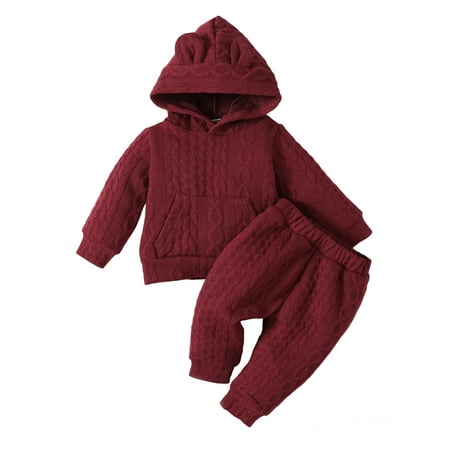 

uukiA Infant 3-24 Months Baby Girls Toddler Jacquard Solid Color Hooded T-shirt And Pants 2PCs Outfit Suit