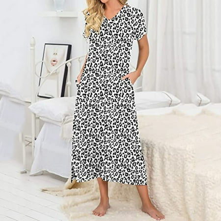 

Womens Long Nightgown Short Sleeve Nightshirt V-Neck Soft Loungewear With Pocket