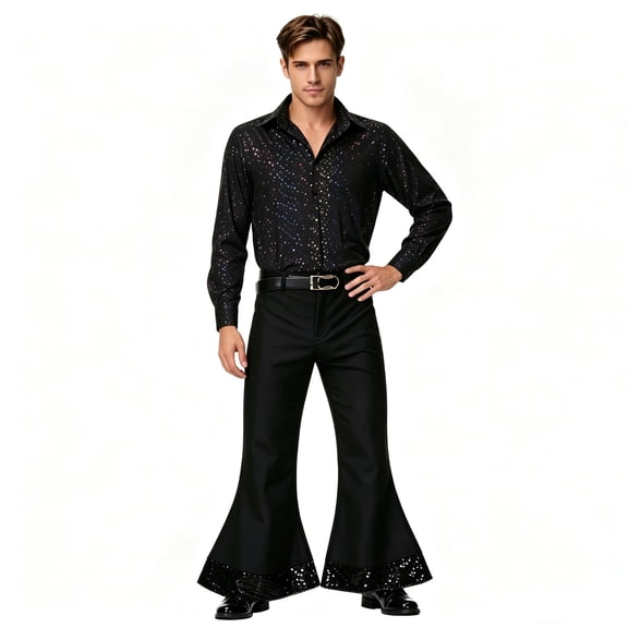 Men Shiny Metallic Shirt and Flared Pants Set, 70s Disco Outfit, Long Sleeve Button‑Down Shirt and Bell Bottom Trousers for Halloween Cosplay Theme Party