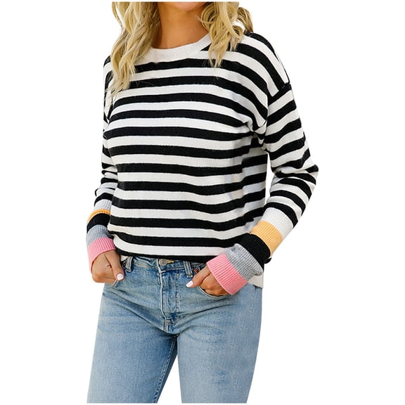 Lilgiuy Women Autumn And Winter Knit Stripe Print Crewneck Pullover Sweater,Black,6(M) Winter Fashion 2022