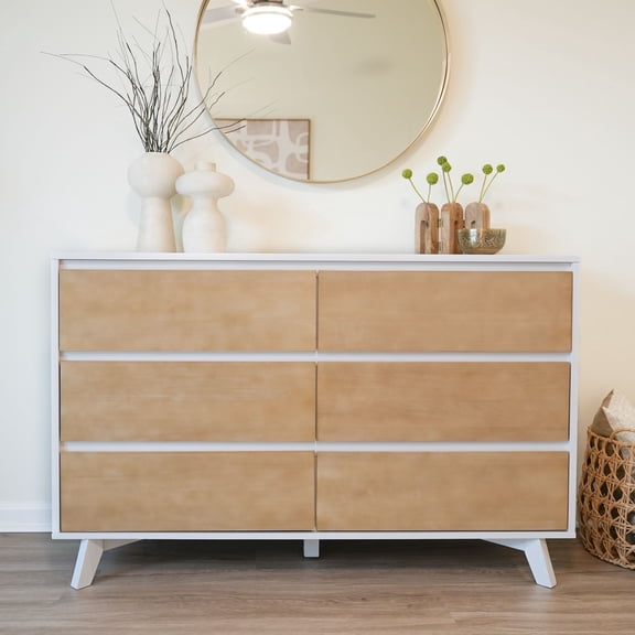 Plank Beam Solid Wood Scandinavian 6-Drawer Dresser, White/Blonde