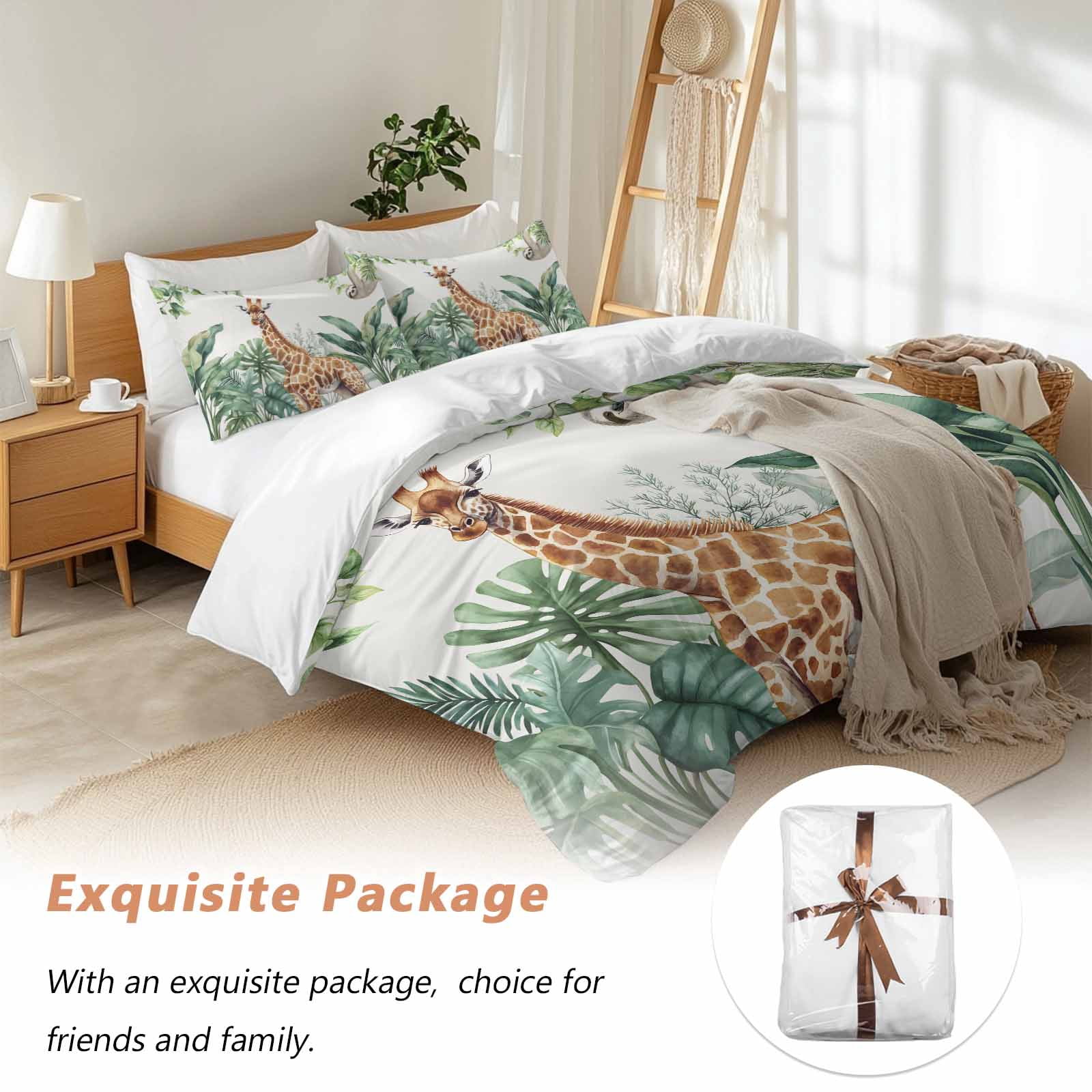 Tropical Giraffe Sloth Bedding 3 Piece Duvet Cover Set Queen Size, Watercolor Summer Palm Leaf Soft Microfiber Comforter Cover with Zipper Closure & Pillowcases, Wrinkle & FadeResistant Quilt Cover