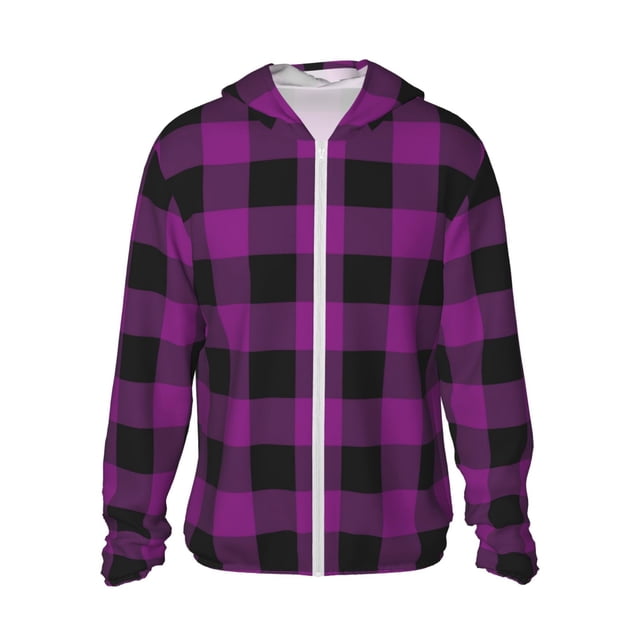 Fotbe Purple Black Plaid Chaqueta con Protección Solar UPF 50+ para Hombre y Mujer, Camisa con Capucha y Bolsillos-Medium