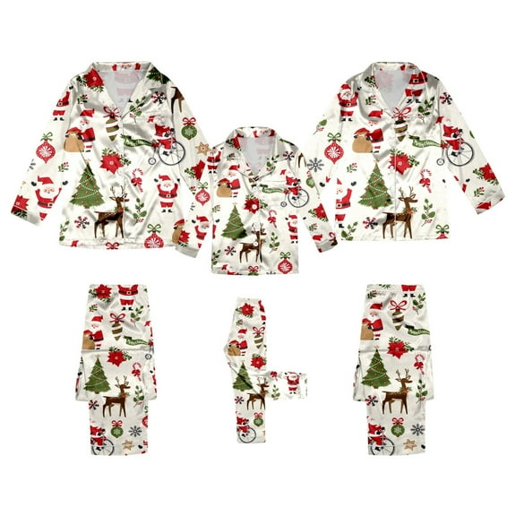 Fiaer Christmas Family Matching Pajamas Satin Long Sleeve Button down Pj Set Festival Party Sleepwear Santa Cute Graphic Loose Fit Silk Loungewear 2 Piece Mom XL
