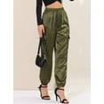 thumbnail image 2 of Pantalones cargo de satén sedoso de tiro alto elástico con cordón para mujer Verde XS, 2 of 6