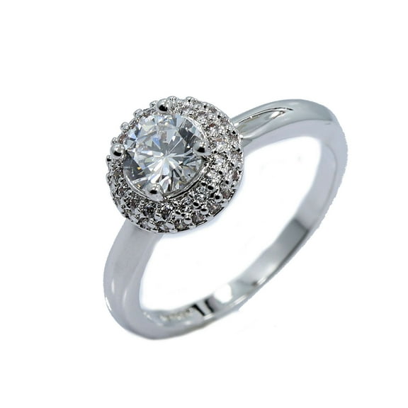 18K White Gold Plated Round Halo CZ Wedding Band Ring