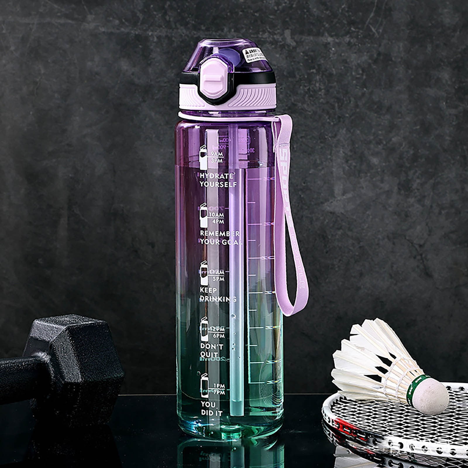 32oz Fitness Sports Water Bottle - Time Marked Hydration Tracker - Leakproof BPA-Free Design with Straw & Strap for Workouts, Travel & Daily Use - Gift for Gym Fitness & Outdoor