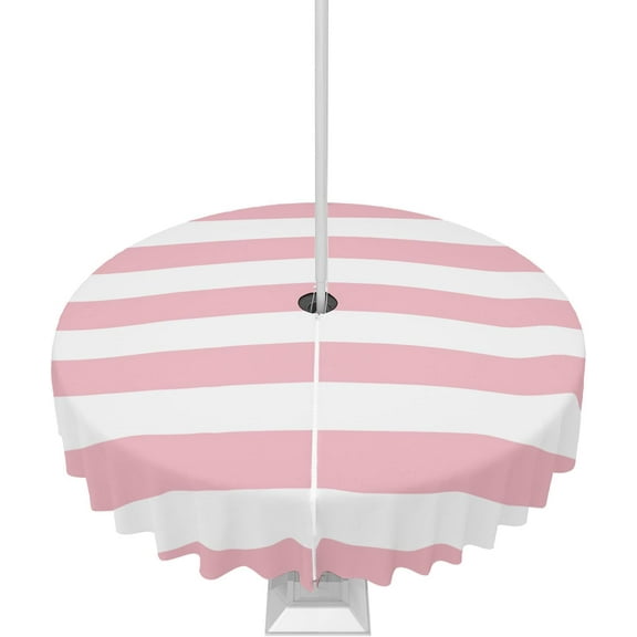Outdoor Tablecloth Pink and White Stripes Round Patio Tablecloths 60 Inch, Waterproof Table Cloths with Umbrella Hole and Zipper, Striped Simple Summer Table Cover for Outdoor Tables Garden