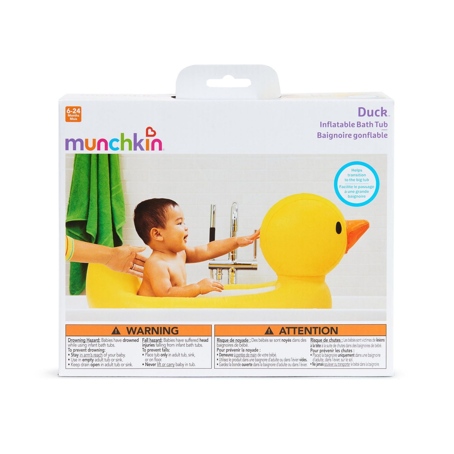 Munchkin White Hot Inflatable Duck Safety Baby Bath Tub, Includes White Hot Technology and Drain Hole, Non-Slip Surface and Contoured Headrest, Yellow