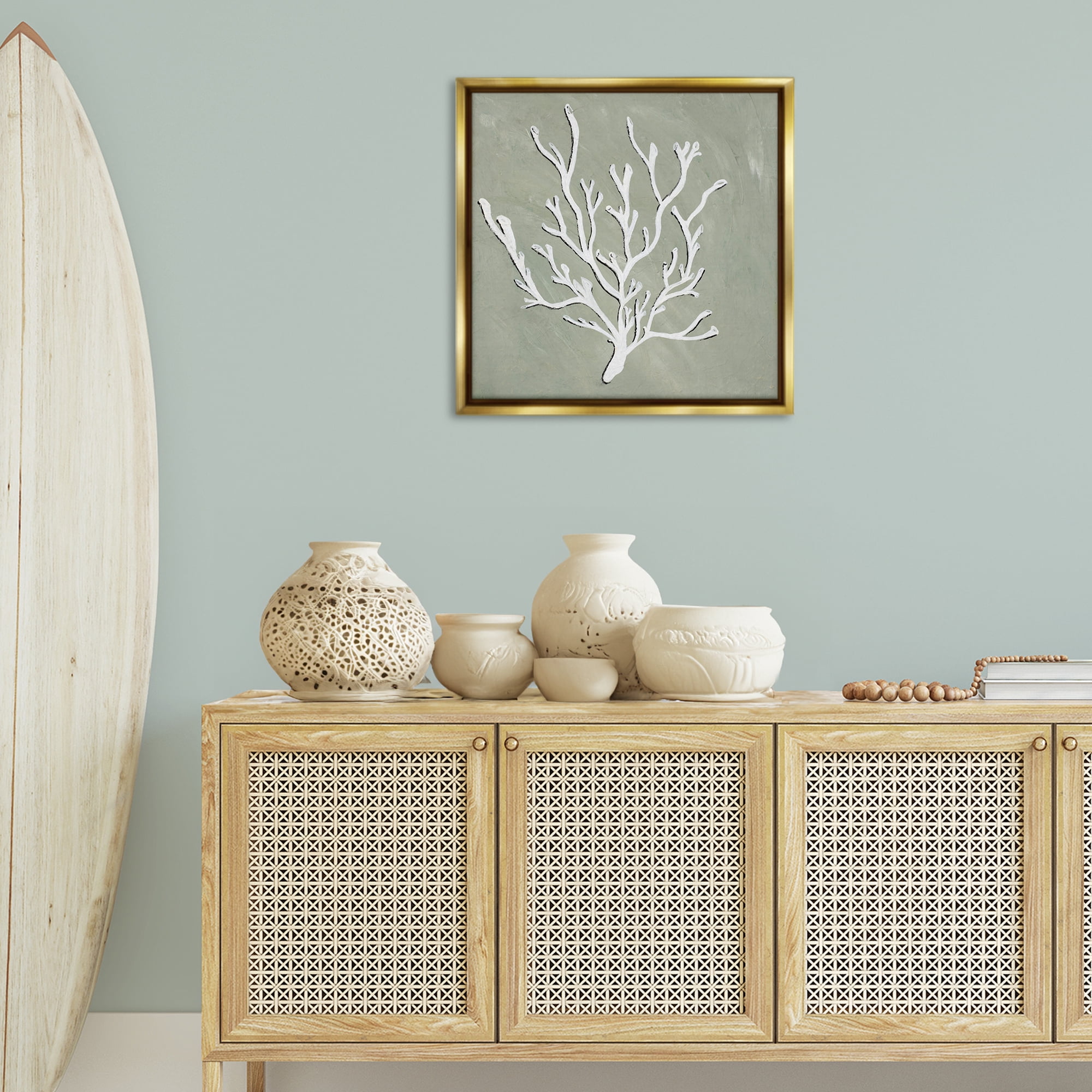 Stupell Industries White Coral Sprig Coastal Painting Gold Floater Framed Canvas Art Print Wall Art, 25 x 25