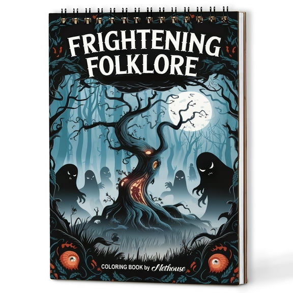 NETHOUSE Frightening Folklore Spiral Coloring Book for Adults, A5 Wooden Cover, 30 Coloring Pages of Creepy Legends, Dark Myths, Ghostly Creatures, Haunted Forests and Scary Folk Tales