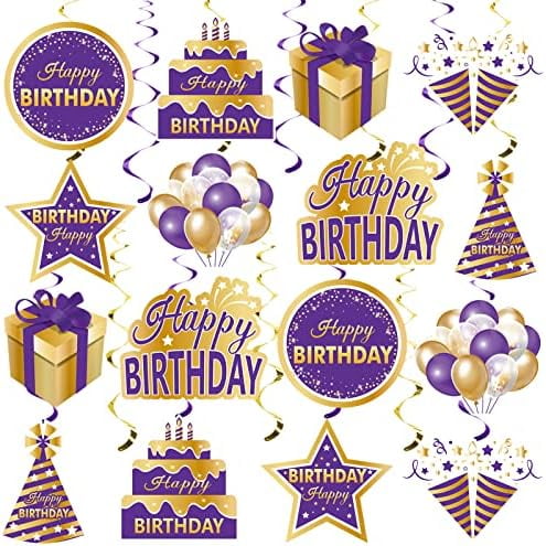 Purple Gold Birthday Hanging Swirls Decorations for Women Girls, Purple Happy Birthday Foil Swirls Party Supplies, 10th 16th 21st 30th 40th 50th 60th Bday Ceiling Sign Decor
