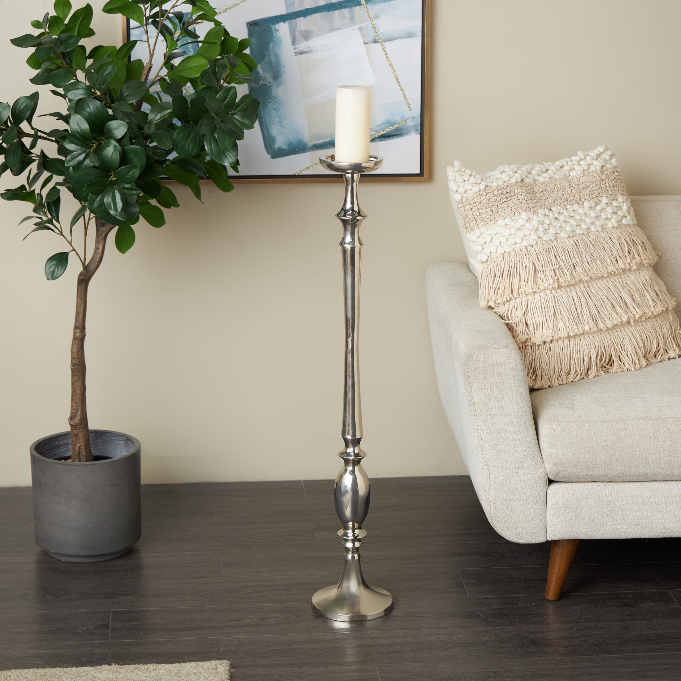 DecMode Silver Aluminum Metal Floor Candle Holder