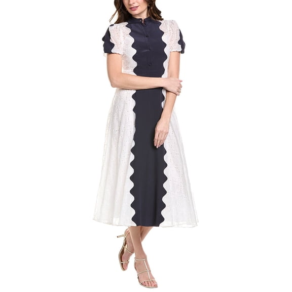 Valentino womens  Eyelet Midi Dress, 42, Blue