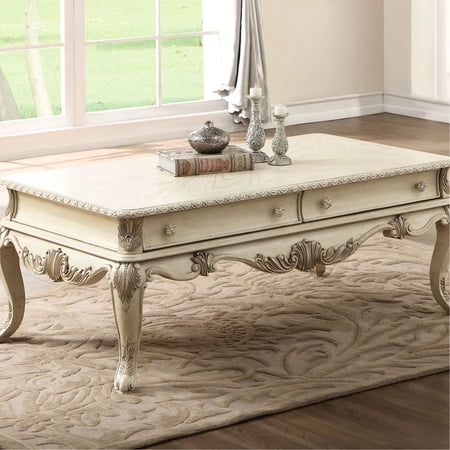 Antique White 2-Drawer Coffee Table | Perfect for Storing Remote Controls in Living Space | Featuring Scrolled Apron and Cabriole Legs | Avoids Drawer Accidents
