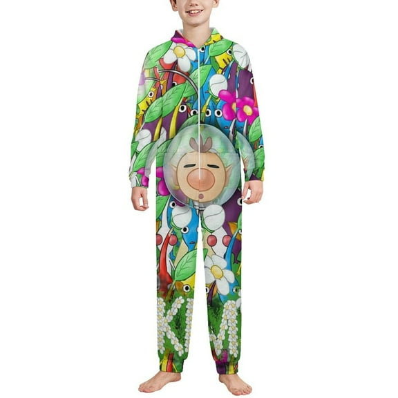 Kids Pikmin Onesie Pajamas Zip Up One Piece Hooded Sleepwear Fleece Jumpsuits for Boys Girls