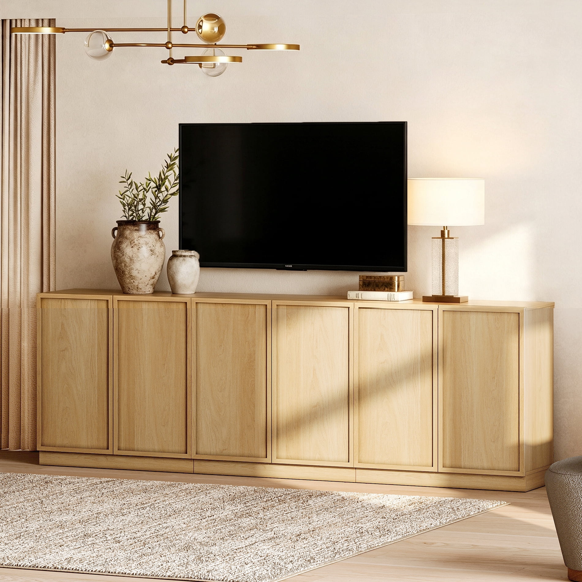 WAMPAT Modern TV Stand for TVs Up to 100", 3-in-1 Entertainment Center TV Console with 6 Doors and Adjustable Shelf, Wooden Media Console Cabinet for Living Room, Bedroom, Oak