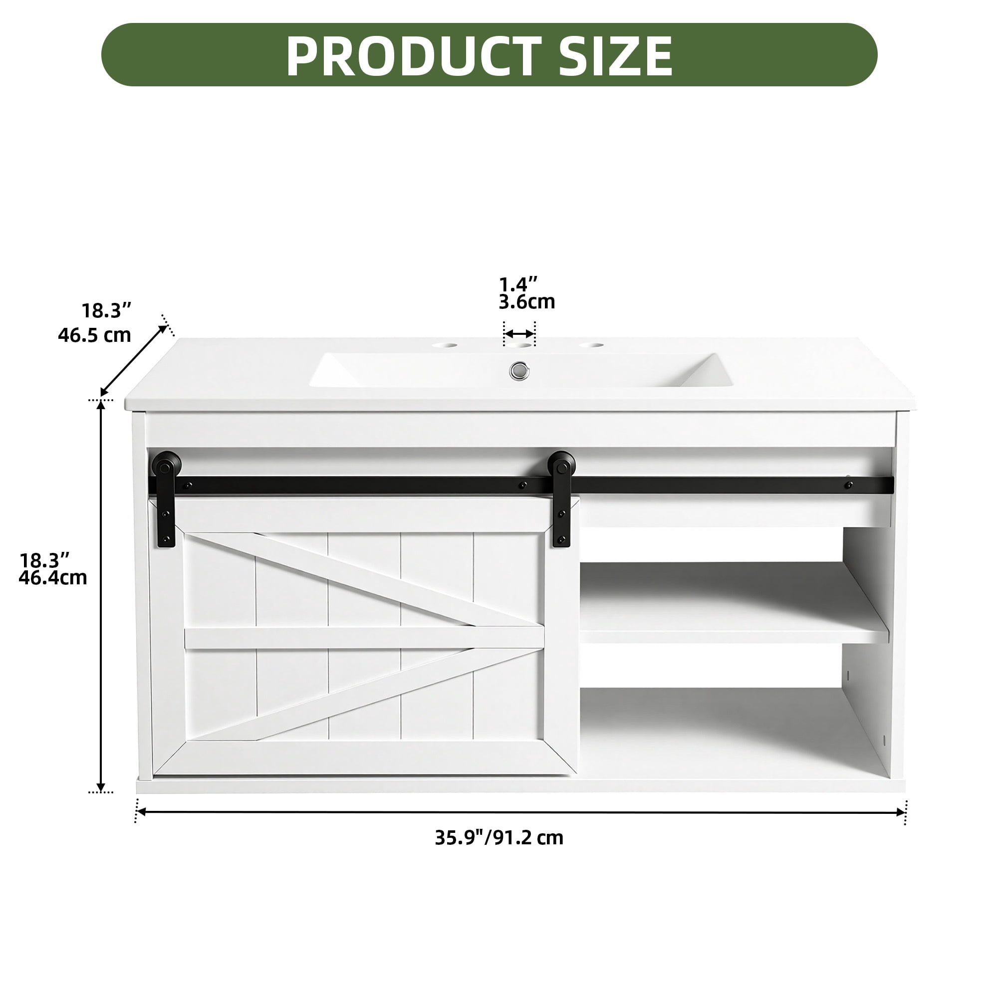 Uforic 36 Inch Farmhouse Floating Bathroom Vanity with Ceramic Sink, 7-Color LED Ambient Light for Bathroom Decor, White