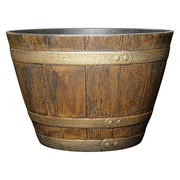 Whiskey Planter - 15" Resin Flower Pot, Distressed Oak Brown, Indoor/Outdoor Rustic Planter for Porches, Patios, and Garden