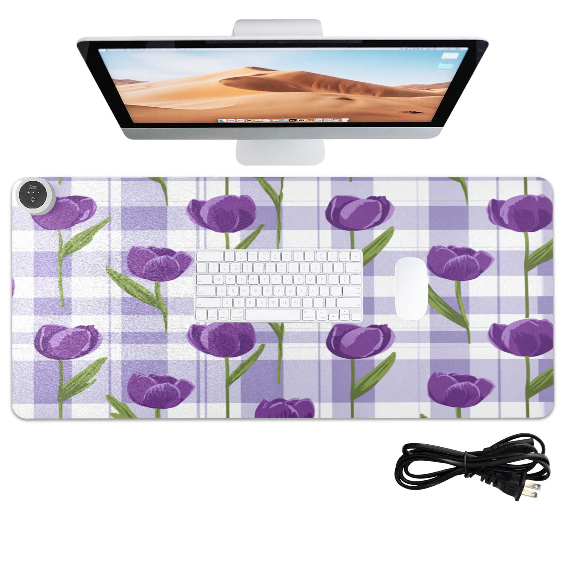 Large Heated Desk Mat Mouse Pad 31.5"x13"PU Leather Graphene Heating Desk Warmer with 3 Temperature Settings 110V US Plug Non-Slip Warm Pad for Home, Office, and Gaming Cute Cartoon Purple Tulips
