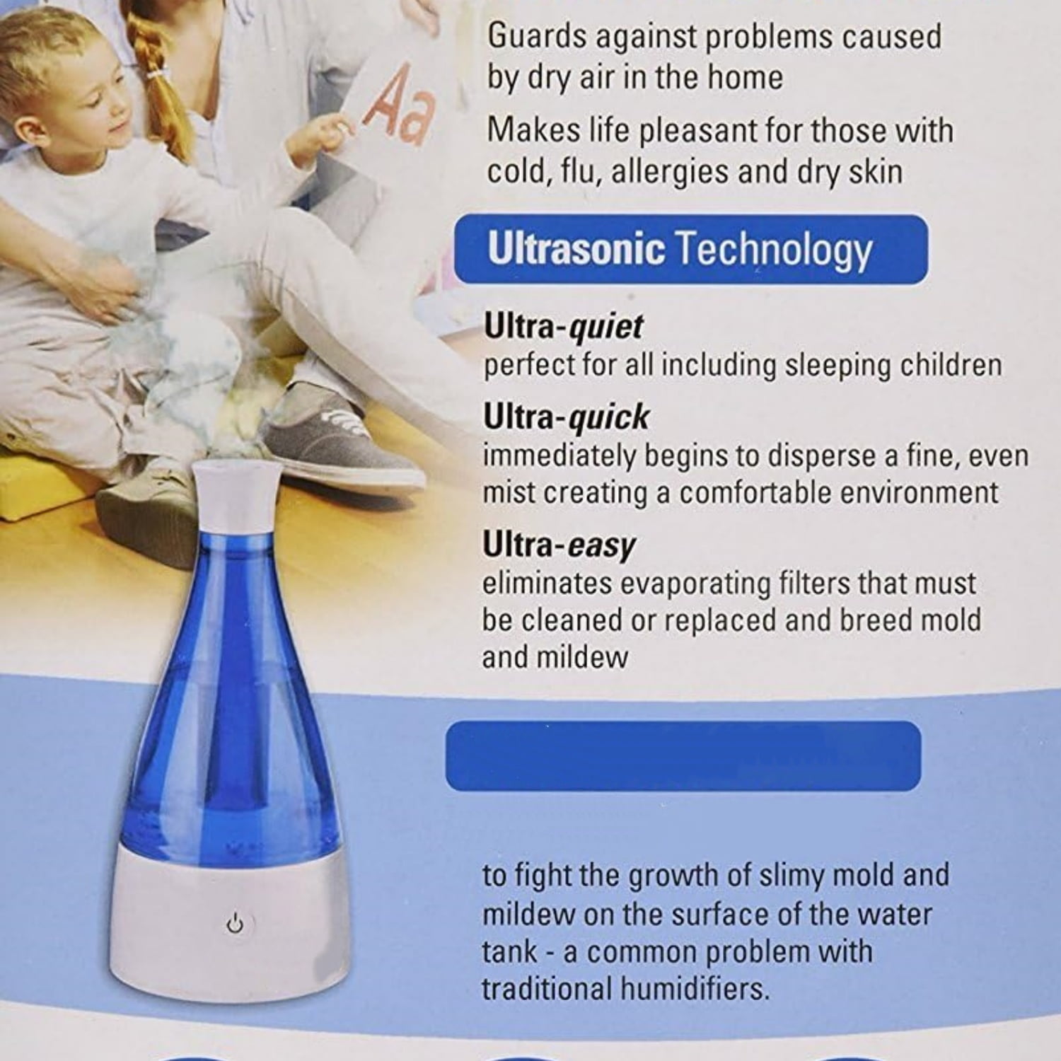 Ultrasonic Cool Mist Humidifier, 10 Hrs. Run Time, 210 Sq. Ft. Coverage, Small Rooms, Quiet, Filter Free