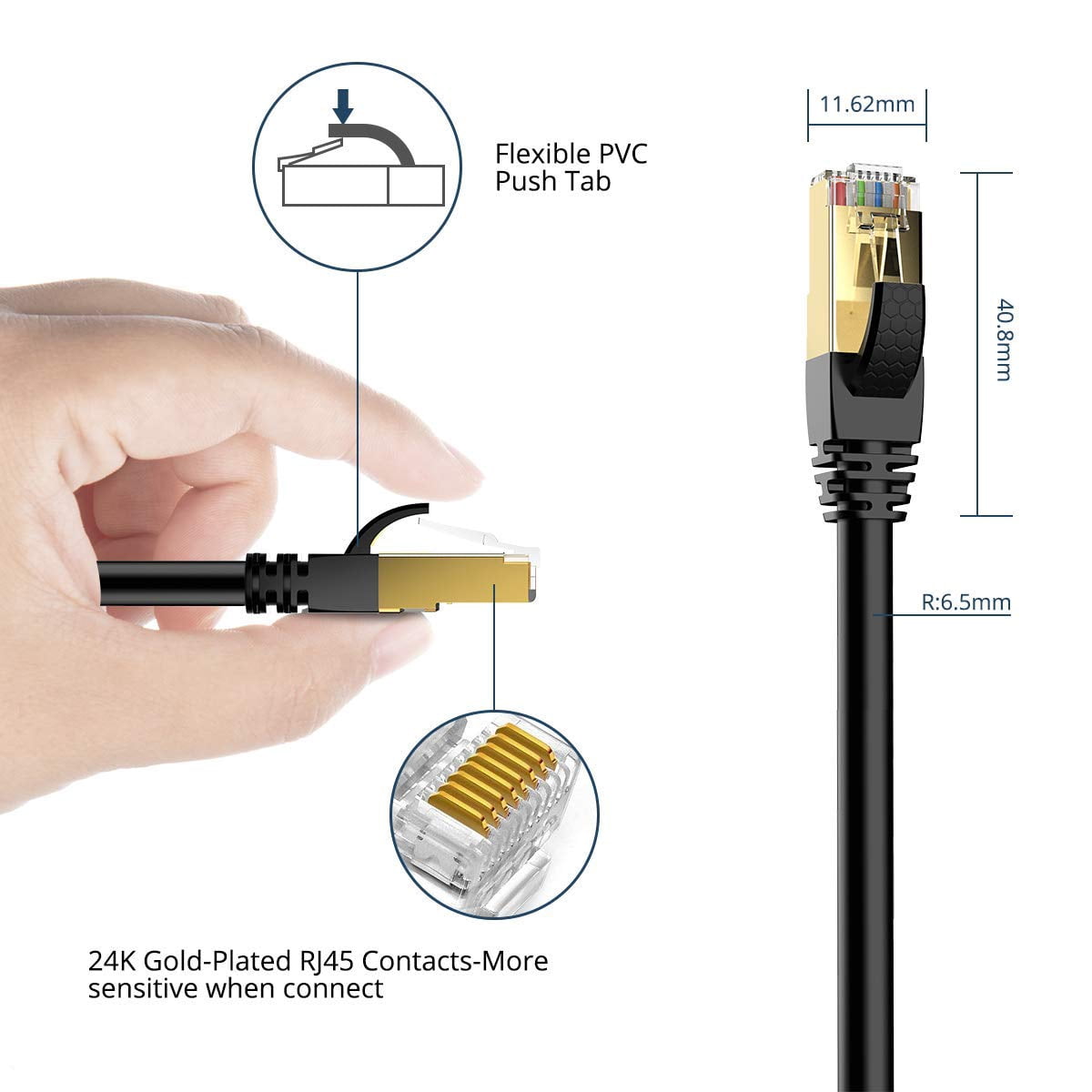 VEETOP 20m/65ft Black Cat8 Ethernet Cable, Professional Network Patch Cable 40Gbps 2000Mhz S/FTP LAN Wires, High Speed Internet Cable Cord with RJ45 Gold Plated Connector for Modem, Router, PC