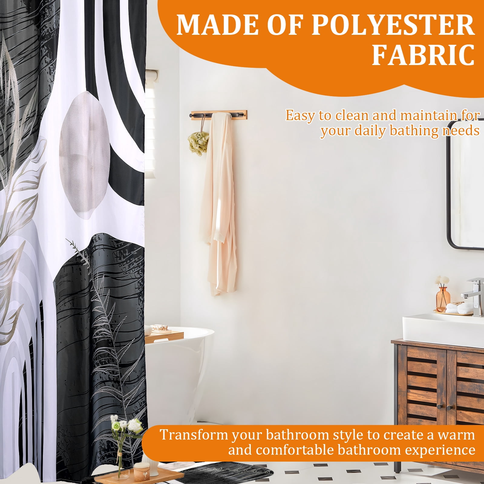 Dznils Boho Fabric Shower Curtain and Rug Sets, 16pc Modern Abstract Bathroom Sets, Black, 72" x 72"