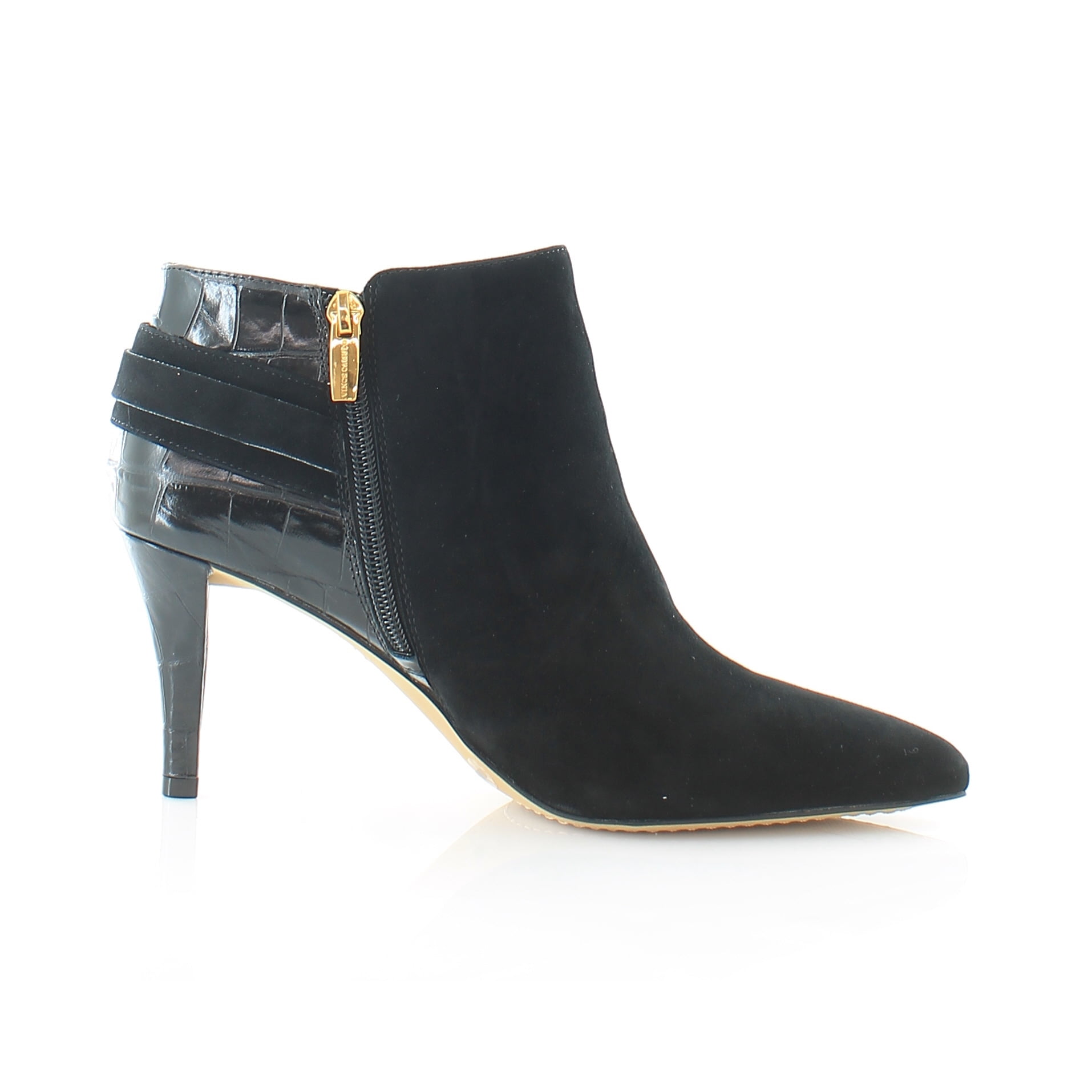 Vince Camuto Women's Ambind Ankle Bootie - Pointed Toe, Zipper & Elastic Gore, Stiletto Heel (Suede/Patent/Croc Options)