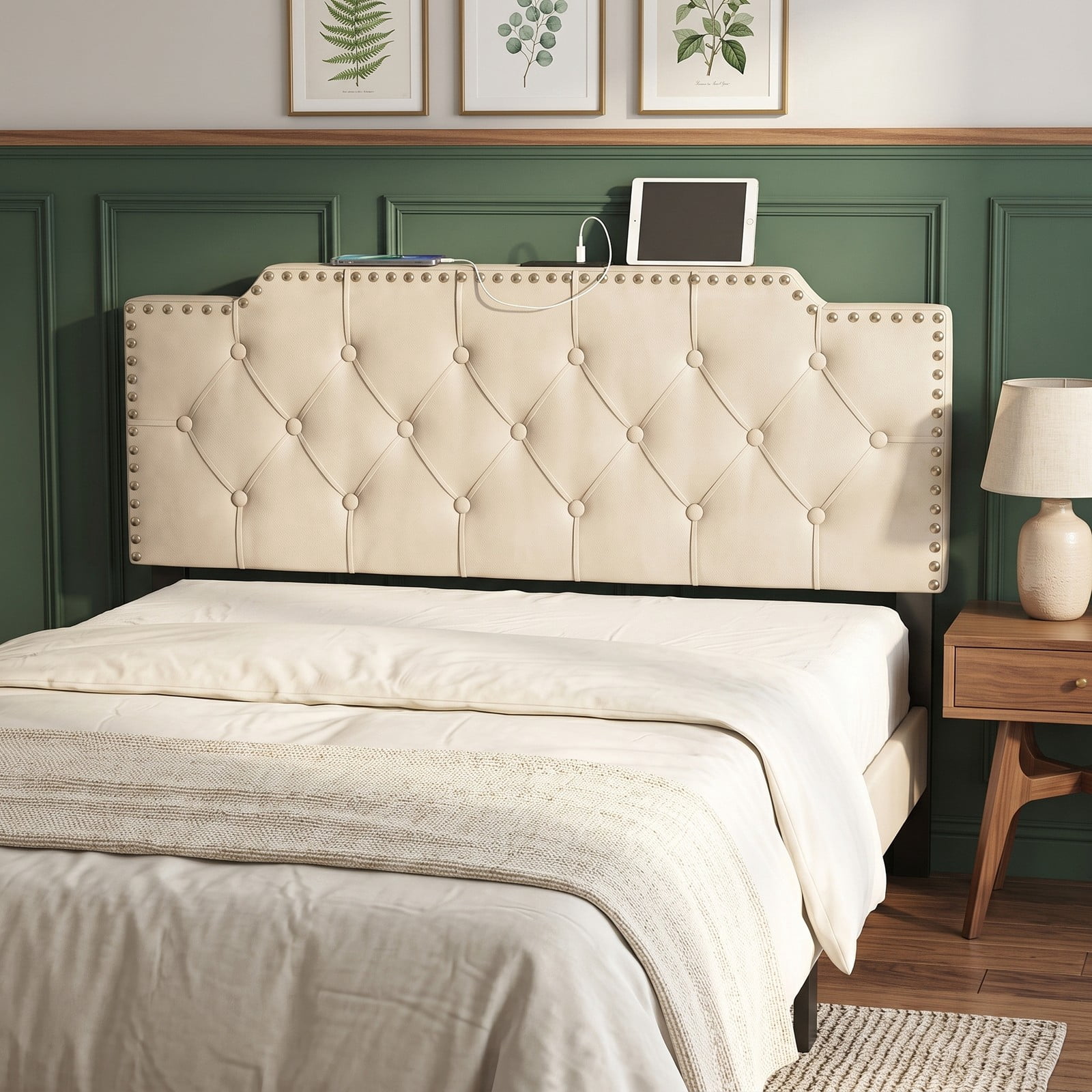 Furnibear Nailhead Trim Tufted Upholstered Headboard with 2 AC Outlets and USB and Type-C Ports for Full and Queen Beds, Beige