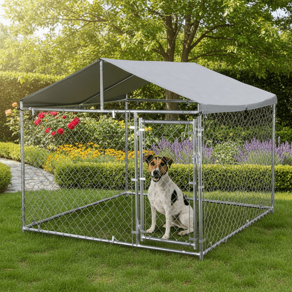Garvee 79 In Large Metal Dog Kennel, Heavy-Duty Outdoor Dog Kennel With Roof, Lock, Galvanized Chain The Dog Cage With Waterproof Cover, Outside Dog Fence for Patio, Yard