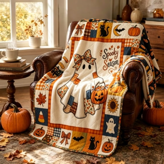 Halloween Throw Blanket with Cute Spooky Patchwork Ghost Pattern, All Season Using Ultra Soft Fuzzy Plush Cozy Non-shedding Blanket for Couch Sofa Bed Camping, Ideal Halloween Gifts, S