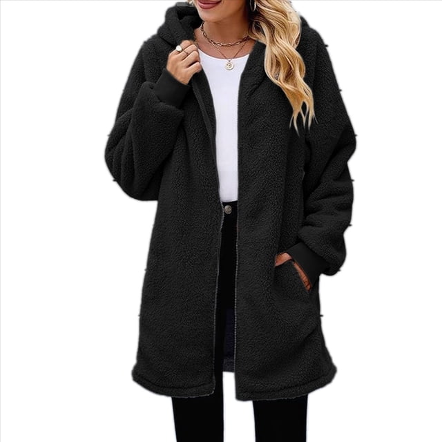 Sudadera con Capucha Larga y Holgada de Felpa con Cremallera para Mujer, Otoño e Invierno Negro S
