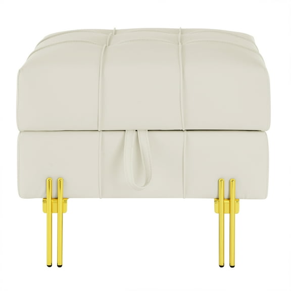 22 inches Anti-scratch Leather Storage Ottoman, Pet Friendly Entryway Bench with Golden Stainless Steel Legs, Beige