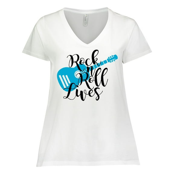 Inktastic Rock and Roll Lives with Blue Guitar Women's Plus Size V-Neck T-Shirt