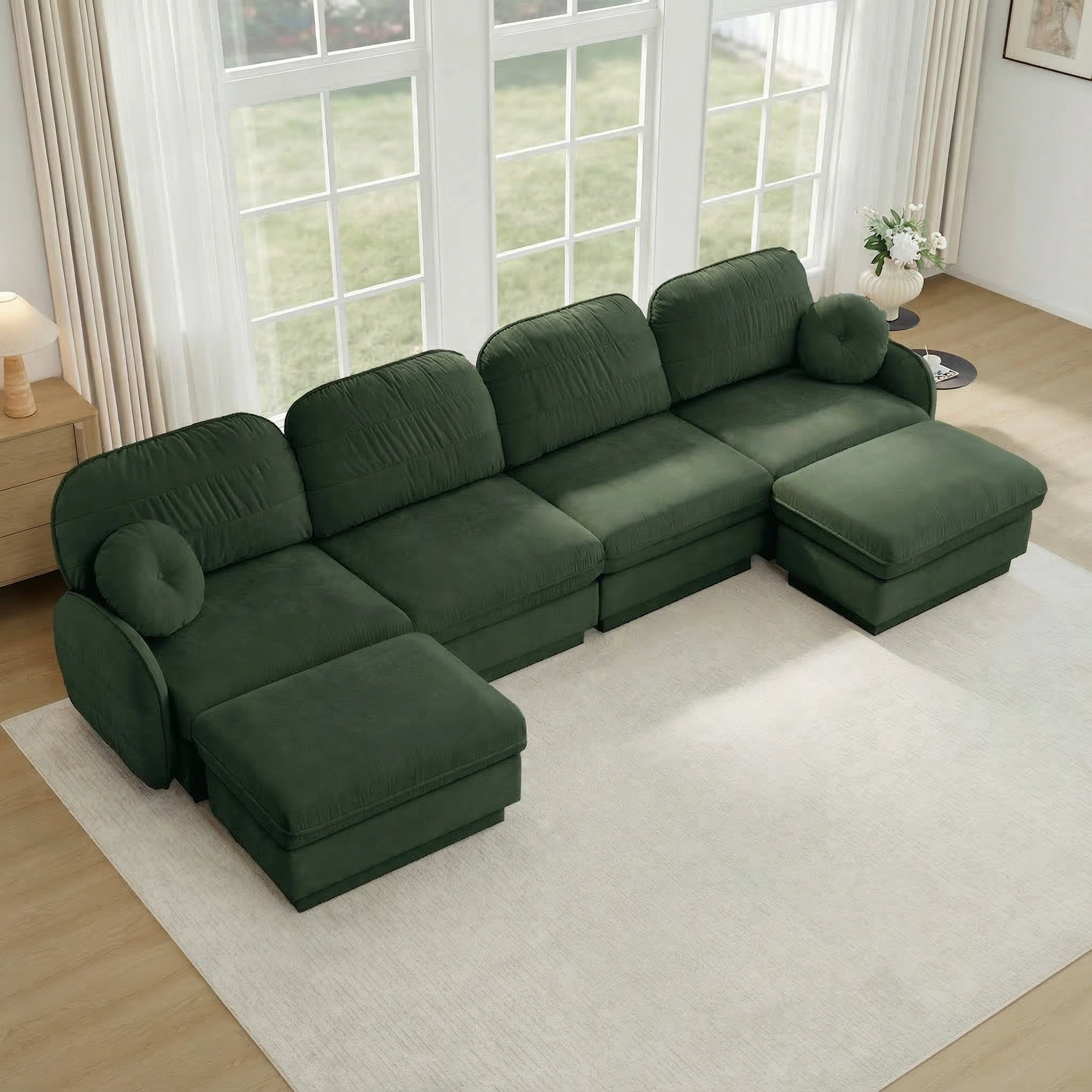 Mintazer 137" Chenille Cloud 4-Seater Modular Sectional Sofa with 2 Movable Ottoman & Round Pillows, U-Shaped Ergonomic Sofa Couch for Living Room, Apartment, Green