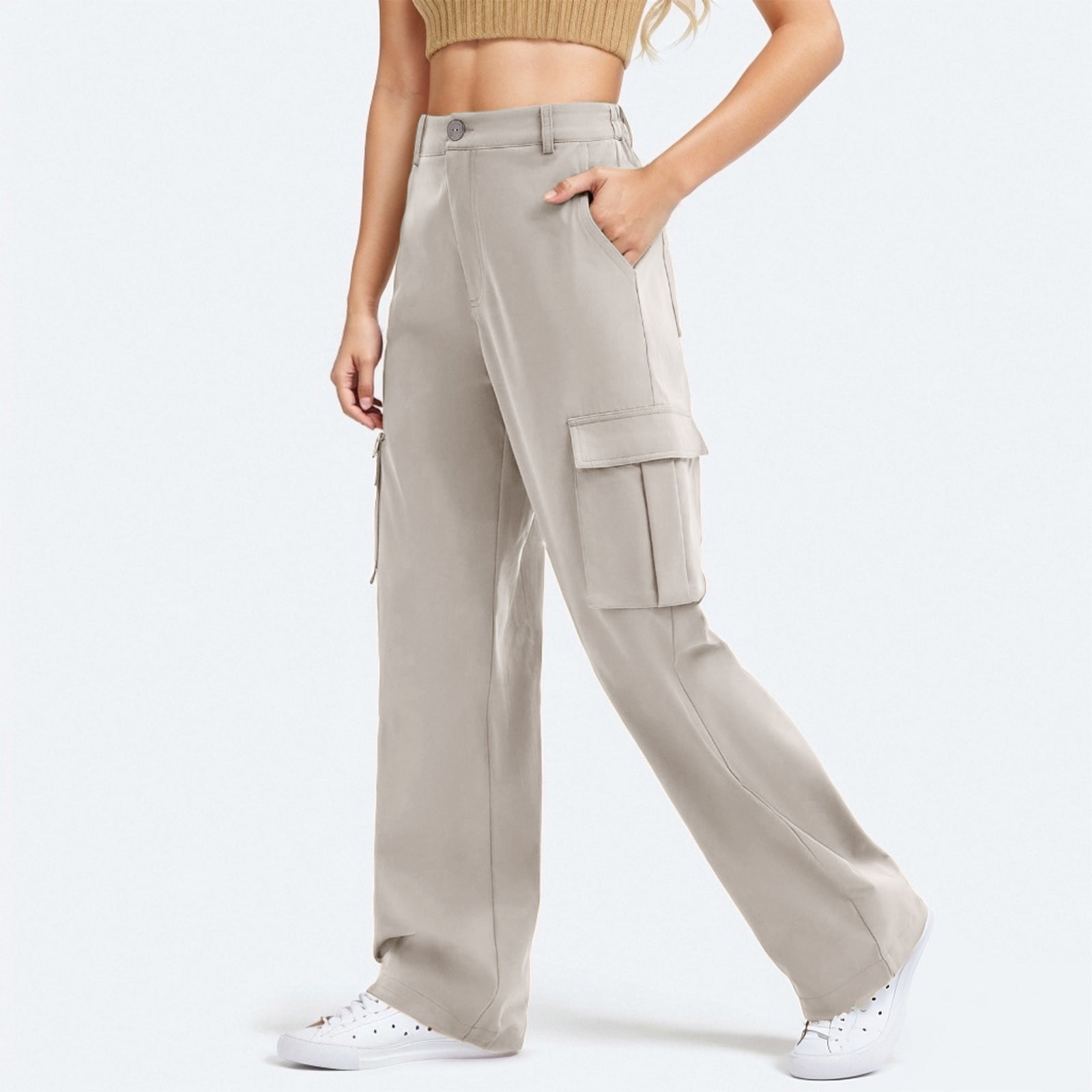 Cargo Womens Pants Backpacking Hiking Straight Leg Camping Solid Full Length High Waisted Yellow Pants with Pockets - image 5