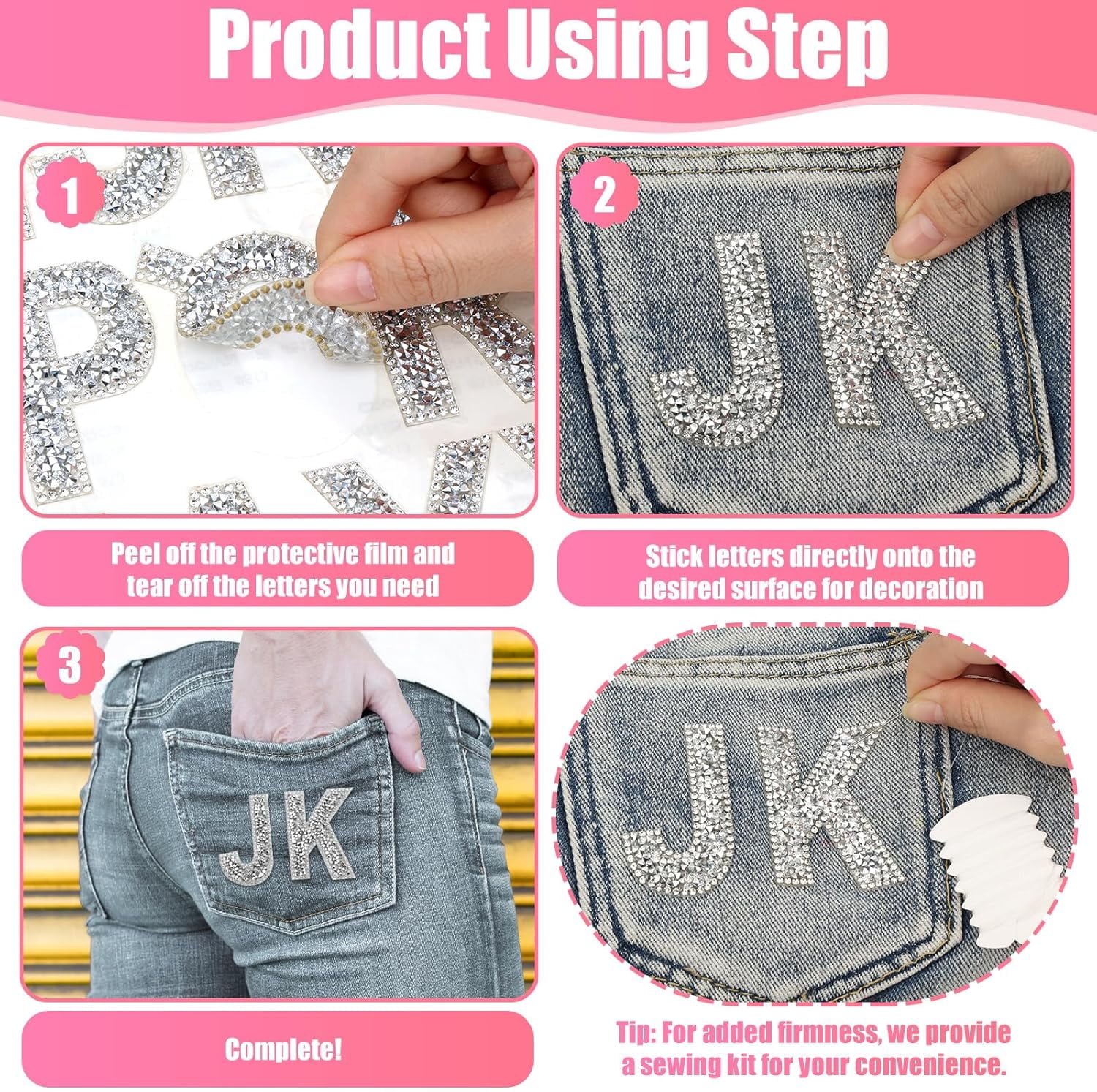 76 PCS Rhinestone Letter Stickers, 2.4 Inch Silver Glitter Alphabet Sticker with Sewing Kits, Self Adhesive A-Z & 0-9 Letter Number Stickers for DIY Arts and Crafts Decor, Clothes, Bags, Hats