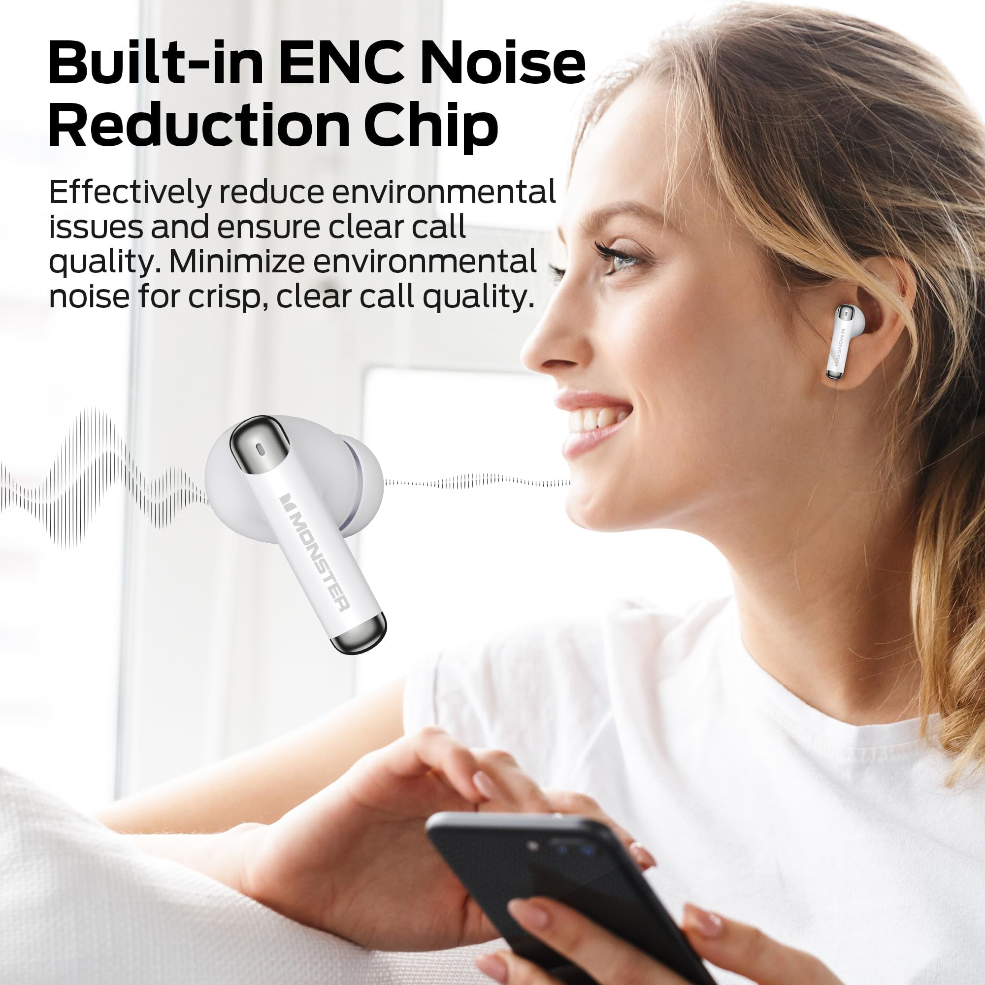 Monster Wireless Earbuds， Bluetooth 6.0 Stereo Headphones with Noise-Cancelling Mic and LED Display, Built-in Mic for Clear Calls, Waterproof Design for Sports, White